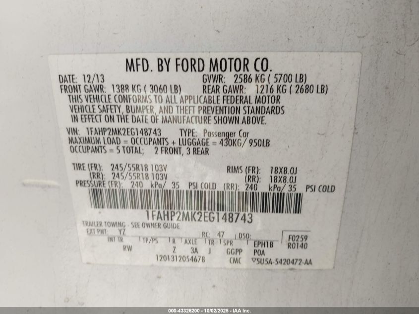 2014 Ford Police Interceptor VIN: 1FAHP2MK2EG148743 Lot: 43326200