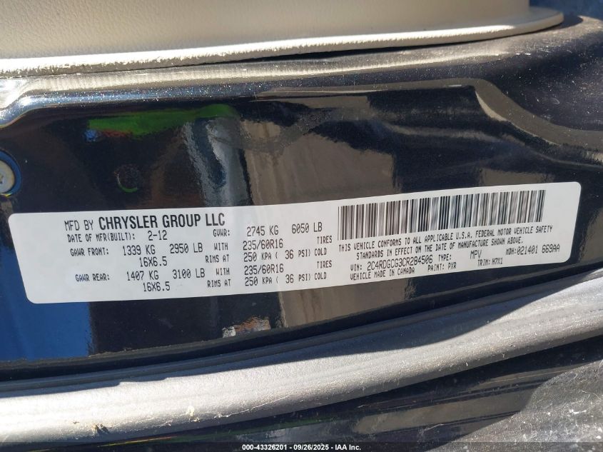 2012 Dodge Grand Caravan Sxt VIN: 2C4RDGCG3CR284506 Lot: 43326201