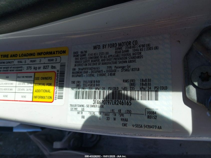 2020 Ford Fusion Se VIN: 3FA6P0T97LR246165 Lot: 43326202