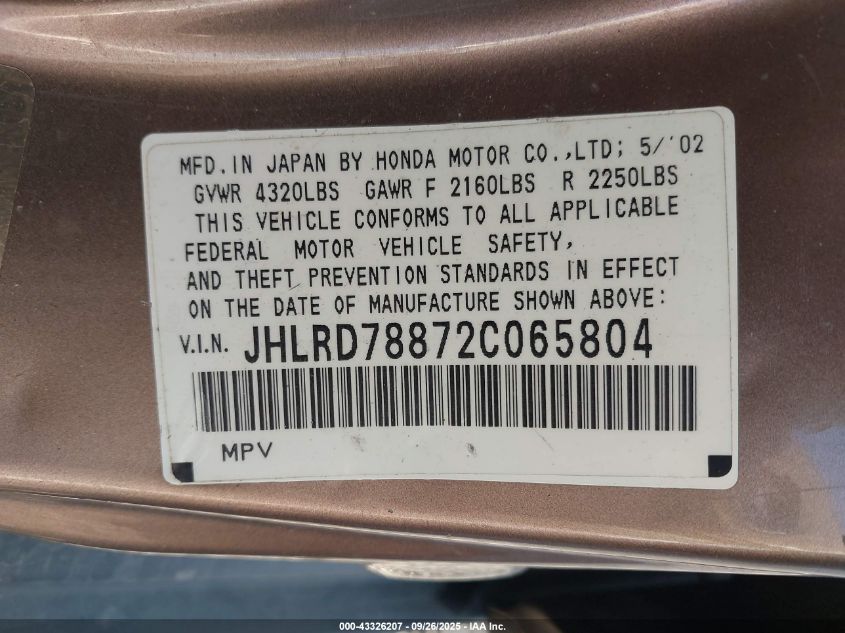 2002 Honda Cr-V Ex VIN: JHLRD78872C065804 Lot: 43326207