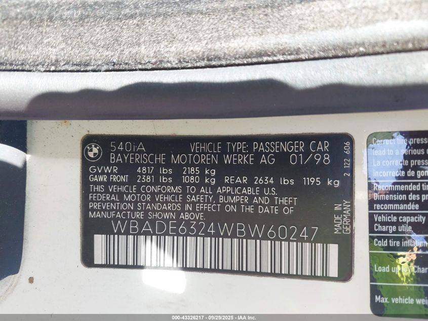 1998 BMW 540Ia VIN: WBADE6324WBW60247 Lot: 43326217