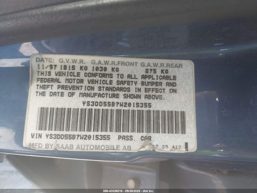 1998 Saab 900 S VIN: YS3DD55B7W2015355 Lot: 43326218