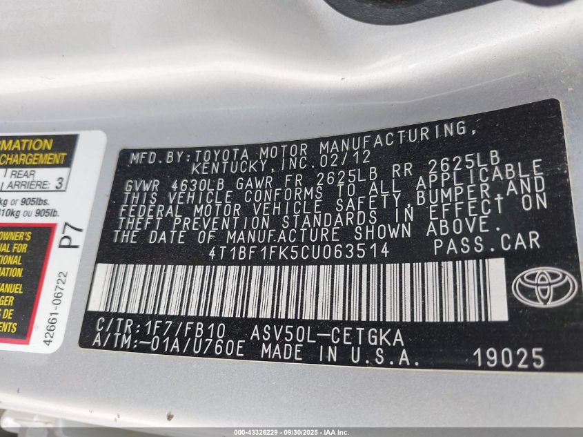 2012 Toyota Camry Xle VIN: 4T1BF1FK5CU063514 Lot: 43326229