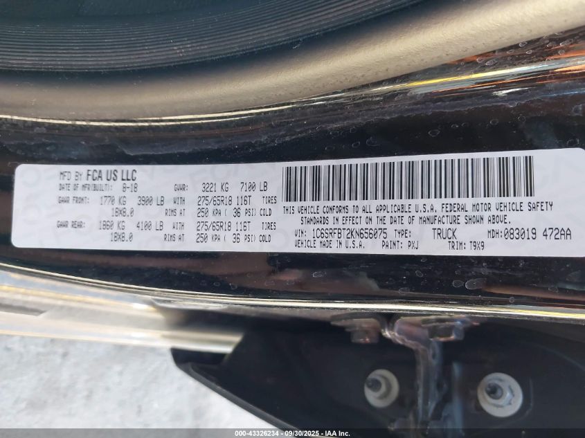 2019 Ram 1500 Big Horn/Lone Star 4X4 6'4 Box VIN: 1C6SRFBT2KN656075 Lot: 43326234