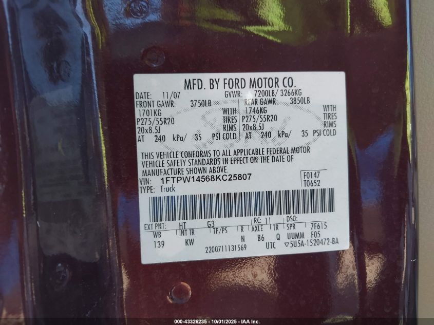 2008 Ford F-150 60Th Anniversary/Fx4/King Ranch/Lariat/Limited/Xlt VIN: 1FTPW14568KC25807 Lot: 43326235