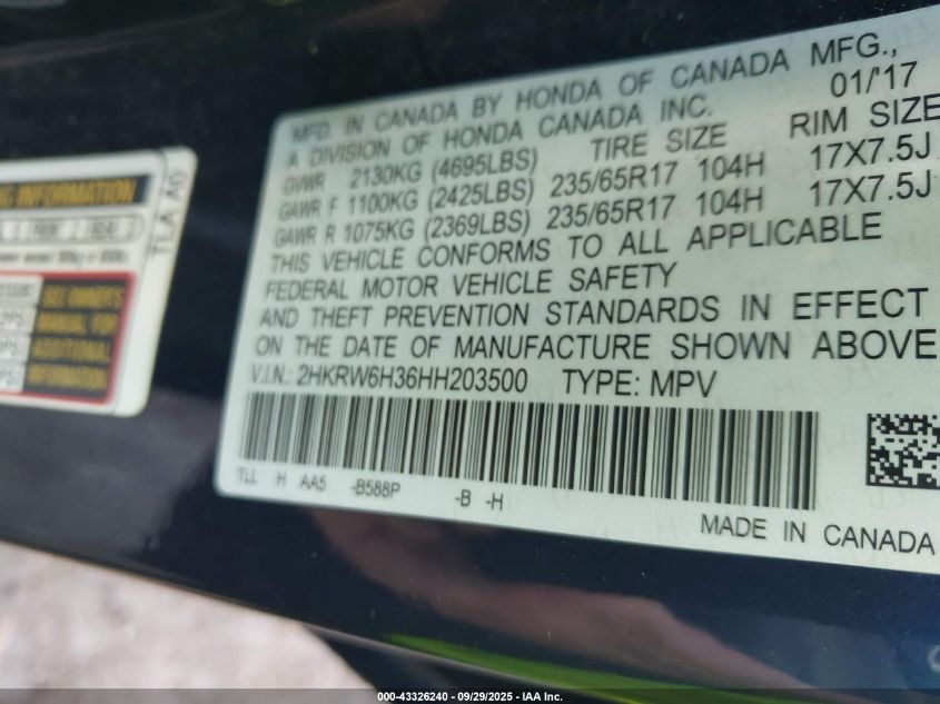 2017 Honda Cr-V Lx VIN: 2HKRW6H36HH203500 Lot: 43326240