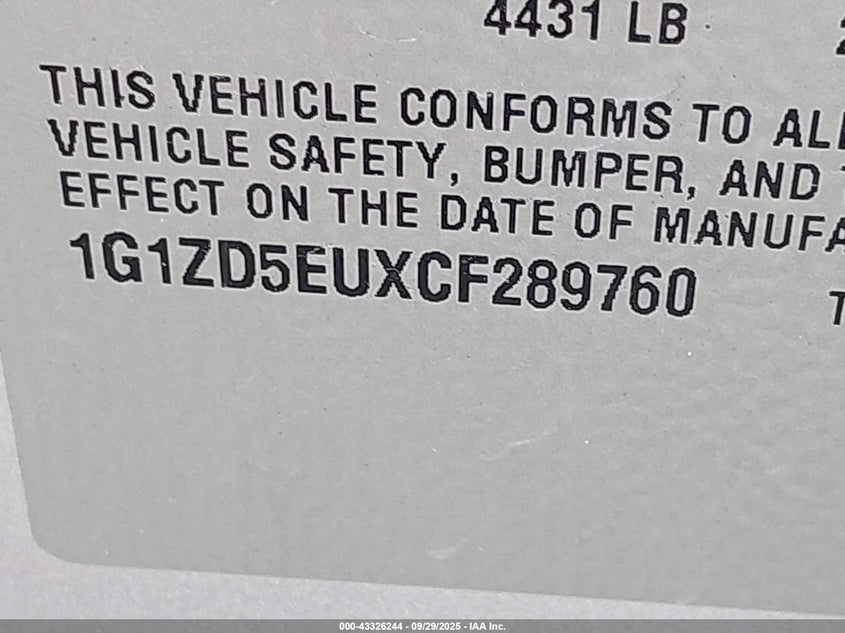 2012 Chevrolet Malibu 2Lt VIN: 1G1ZD5EUXCF289760 Lot: 43326244