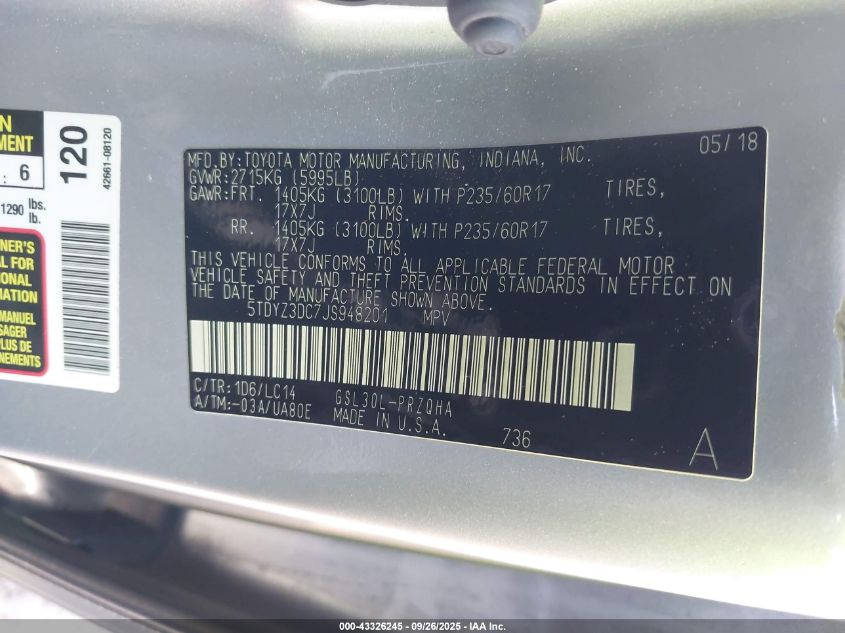 2018 TOYOTA SIENNA XLE 8 PASSENGER - 5TDYZ3DC7JS948201