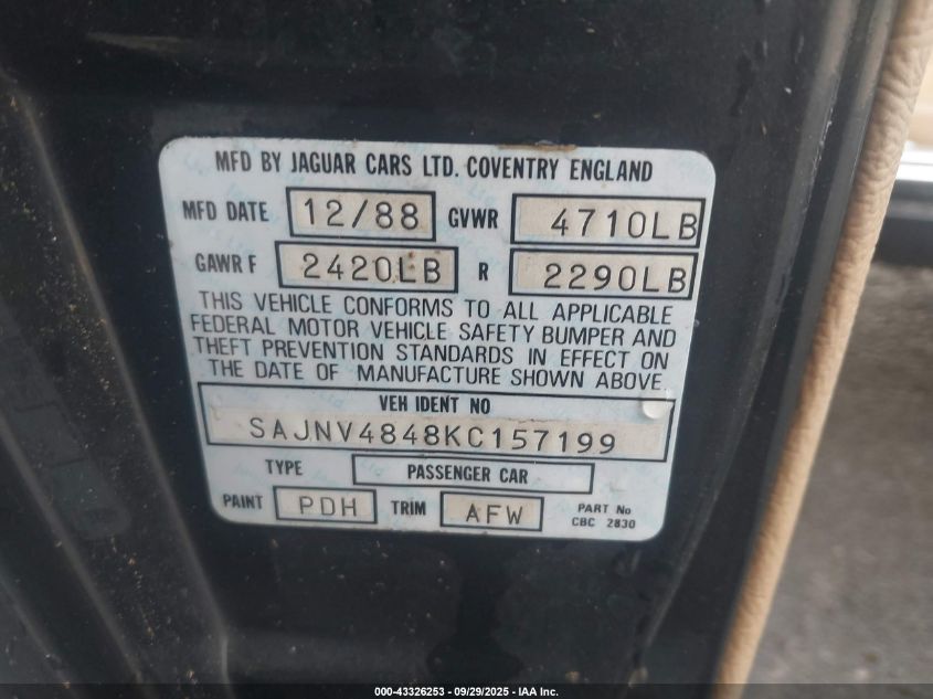 1989 Jaguar Xjs VIN: SAJNV4848KC157199 Lot: 43326253