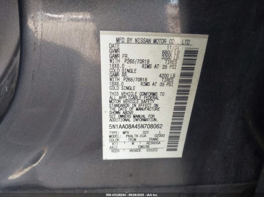 2005 Nissan Armada Se VIN: 5N1AA08A45N708062 Lot: 43326254