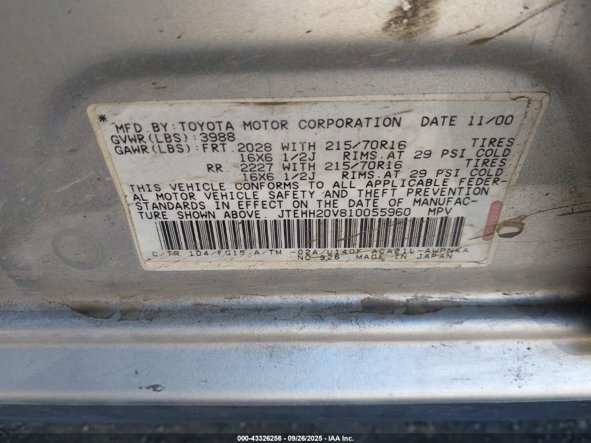 2001 Toyota Rav4 VIN: JTEHH20V810055960 Lot: 43326256