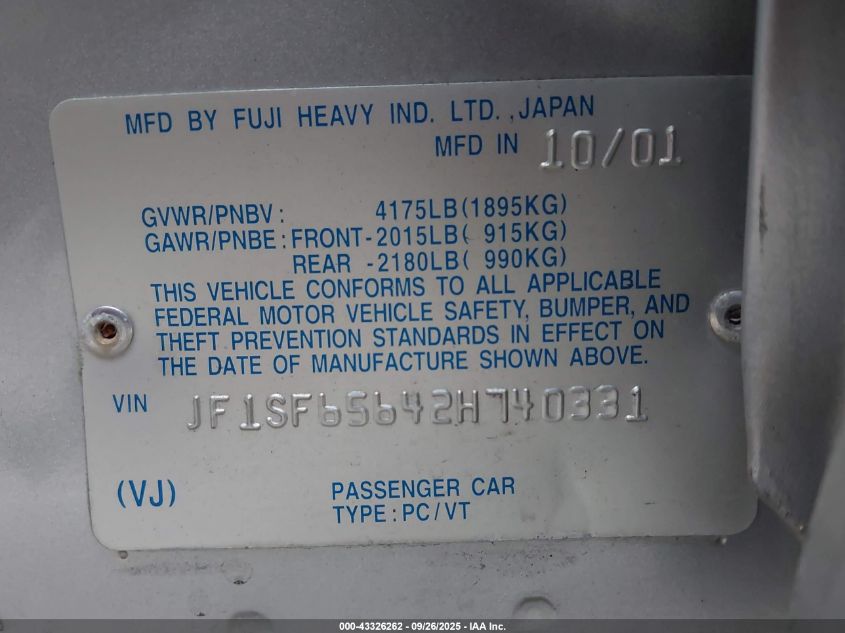 2002 Subaru Forester S VIN: JF1SF65642H740331 Lot: 43326262