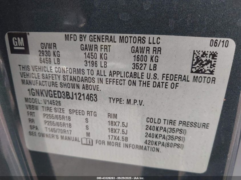 2011 Chevrolet Traverse 1Lt VIN: 1GNKVGED3BJ121463 Lot: 43326263