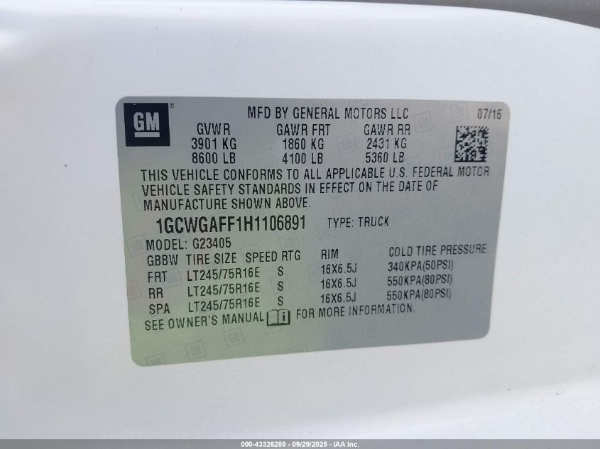 2017 Chevrolet Express 2500 Work Van VIN: 1GCWGAFF1H1106891 Lot: 43326289