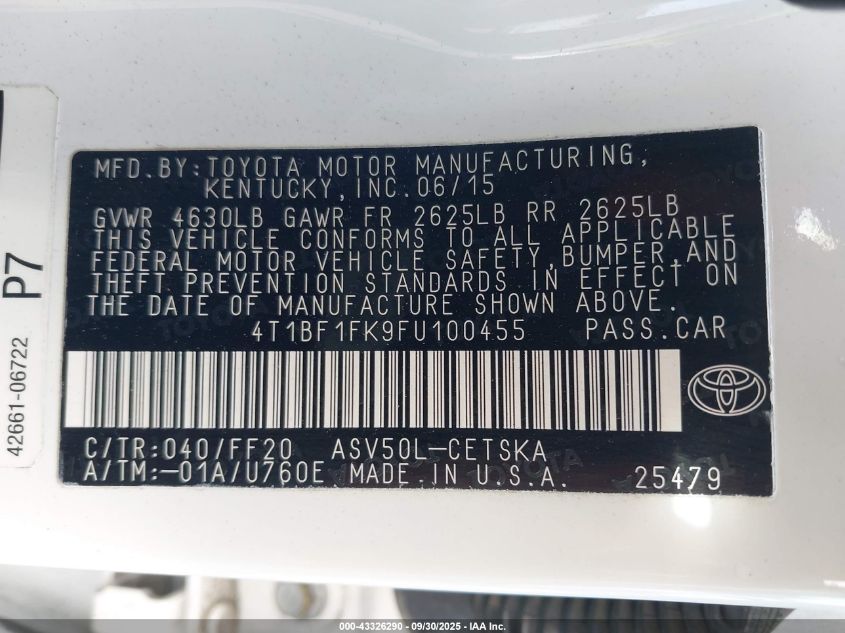 2015 Toyota Camry Se VIN: 4T1BF1FK9FU100455 Lot: 43326290