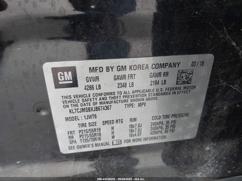 2018 Chevrolet Trax Premier VIN: KL7CJMSBXJB674367 Lot: 43326293