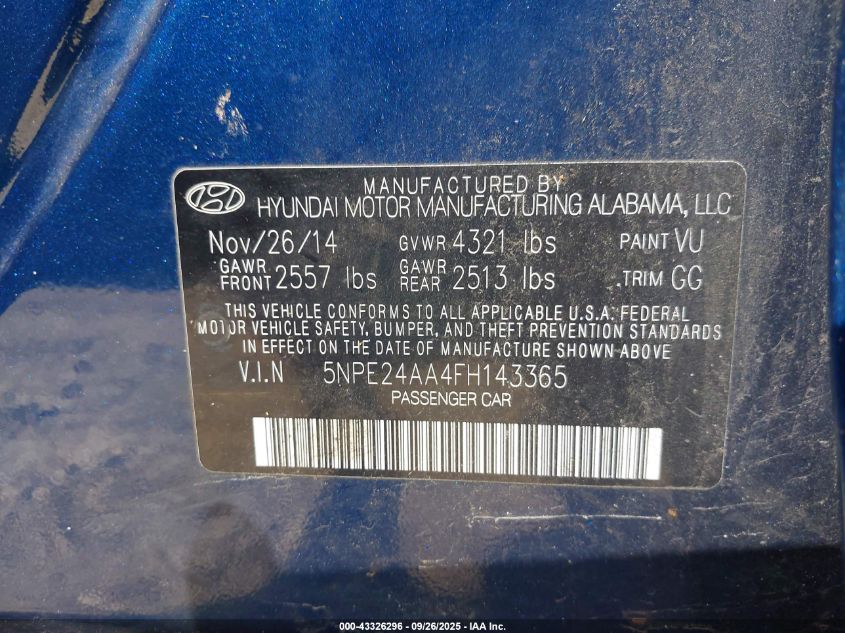 2015 Hyundai Sonata Eco VIN: 5NPE24AA4FH143365 Lot: 43326296