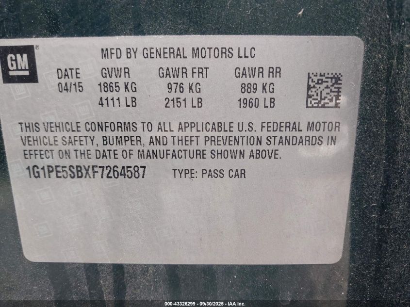 2015 Chevrolet Cruze 2Lt Auto VIN: 1G1PE5SBXF7264587 Lot: 43326299
