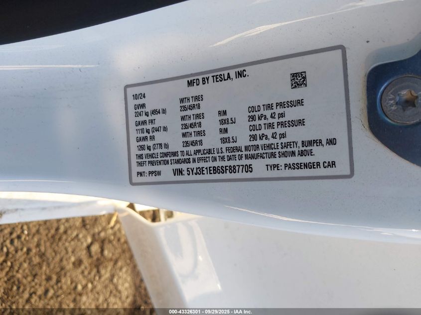 2025 Tesla Model 3 Long Range All-Wheel Drive VIN: 5YJ3E1EB6SF887705 Lot: 43326301