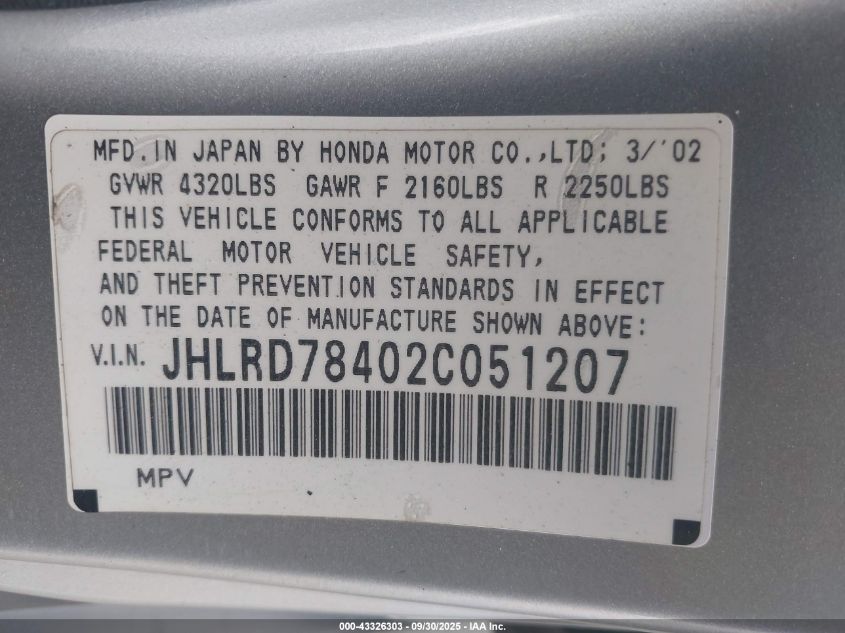 2002 Honda Cr-V Lx VIN: JHLRD78402C051207 Lot: 43326303