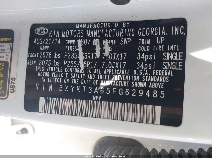 2015 Kia Sorento Lx VIN: 5XYKT3A65FG629485 Lot: 43326308