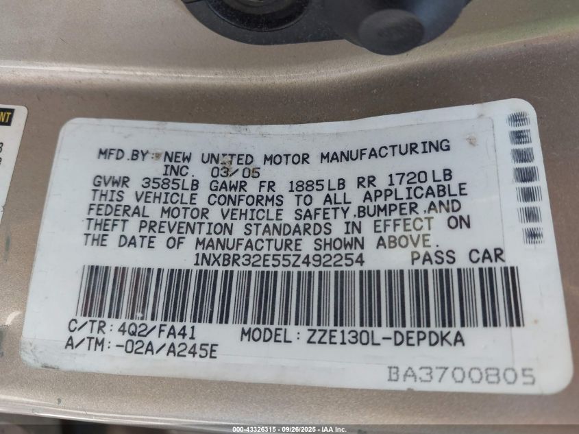 2005 Toyota Corolla Ce VIN: 1NXBR32E55Z492254 Lot: 43326315