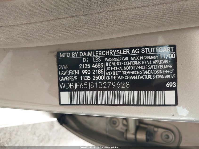 2001 Mercedes-Benz E 320 VIN: WDBJF65J81B279628 Lot: 43326316