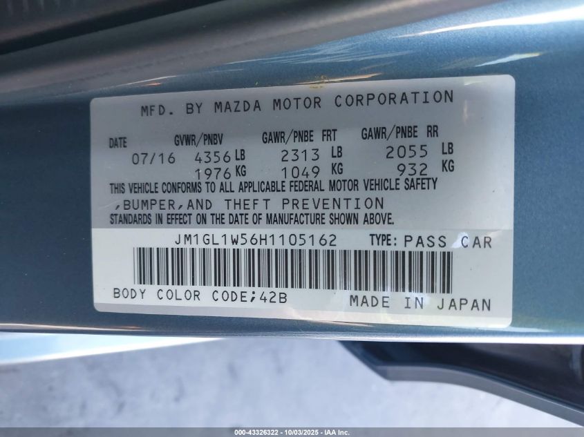 2017 Mazda Mazda6 Grand Touring VIN: JM1GL1W56H1105162 Lot: 43326322