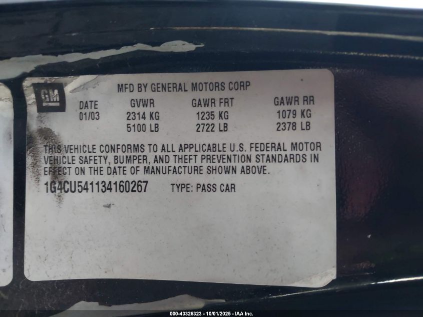 2003 Buick Park Avenue Ultra VIN: 1G4CU541134160267 Lot: 43326323