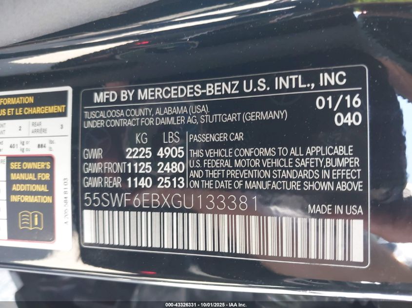 2016 Mercedes-Benz C 450 Amg 4Matic VIN: 55SWF6EBXGU133381 Lot: 43326331