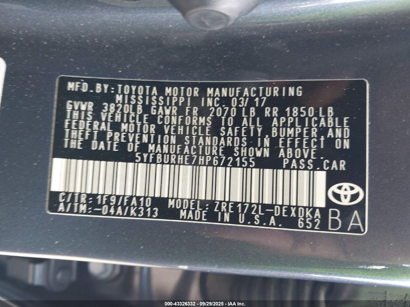 2017 Toyota Corolla L VIN: 5YFBURHE7HP672155 Lot: 43326332