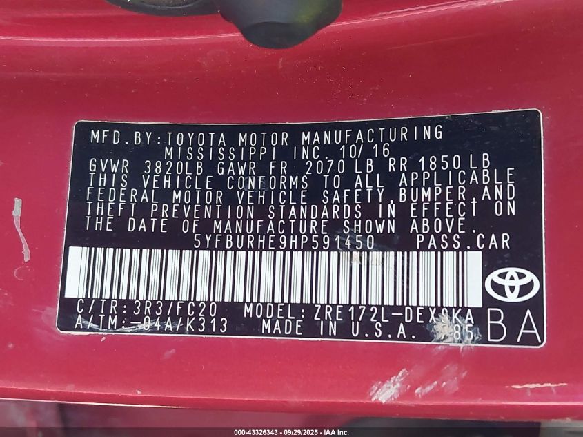 2017 Toyota Corolla Se VIN: 5YFBURHE9HP591450 Lot: 43326343