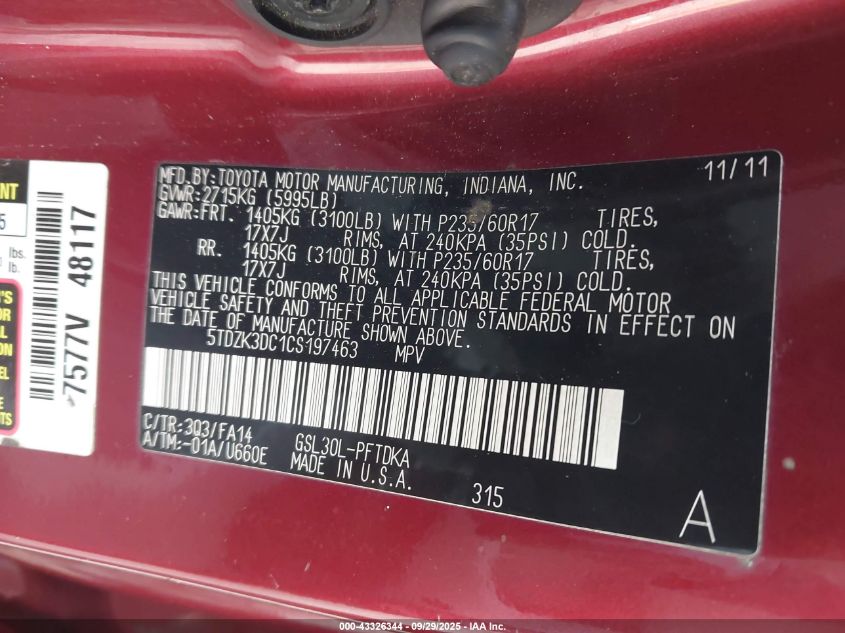 2012 Toyota Sienna Base V6 7 Passenger VIN: 5TDZK3DCTC5197463 Lot: 43326344