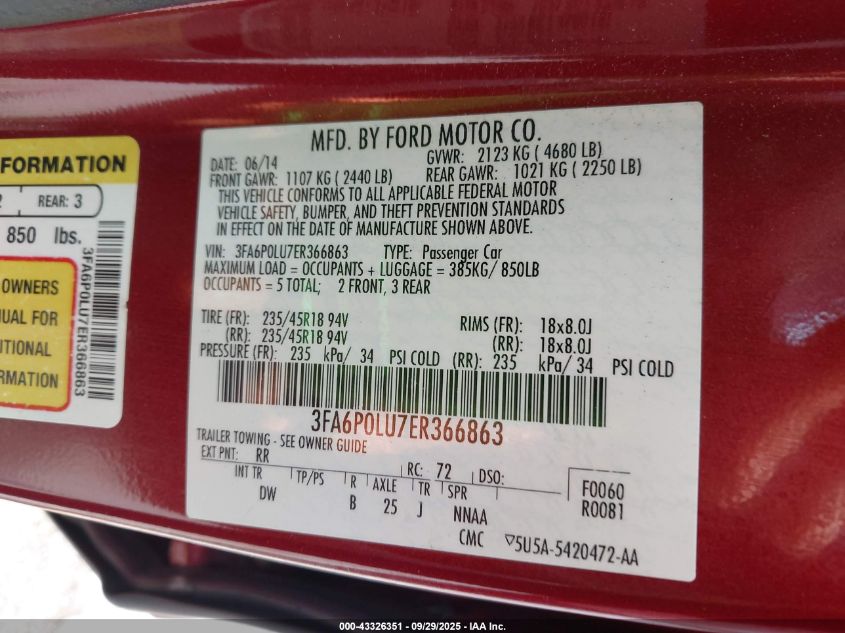 2014 Ford Fusion Hybrid Se VIN: 3FA6P0LU7ER366863 Lot: 43326351