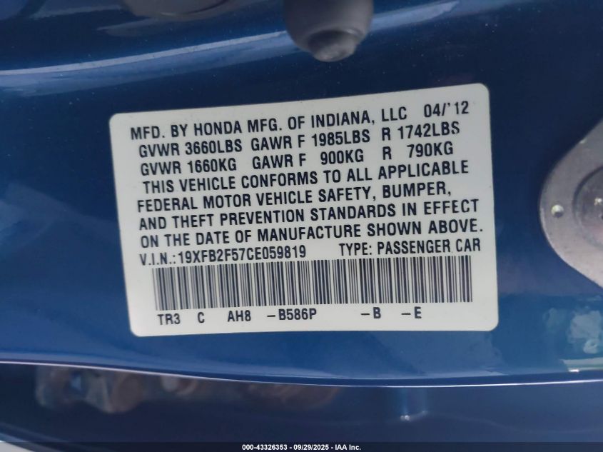 2012 Honda Civic Lx VIN: 19XFB2F57CE059819 Lot: 43326353
