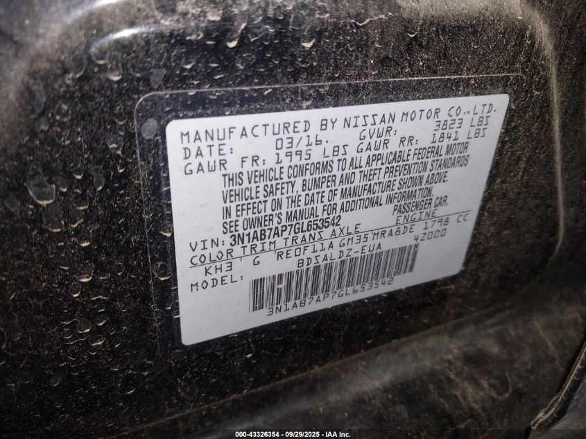 2016 Nissan Sentra Sv VIN: 3N1AB7AP7GL653542 Lot: 43326354