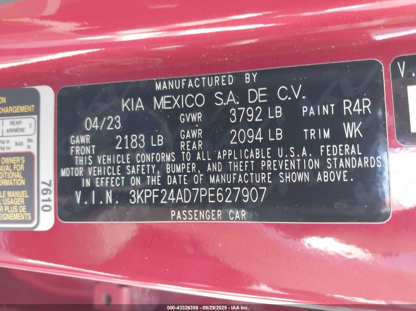 2023 Kia Forte Lxs VIN: 3KPF24AD7PE627907 Lot: 43326356