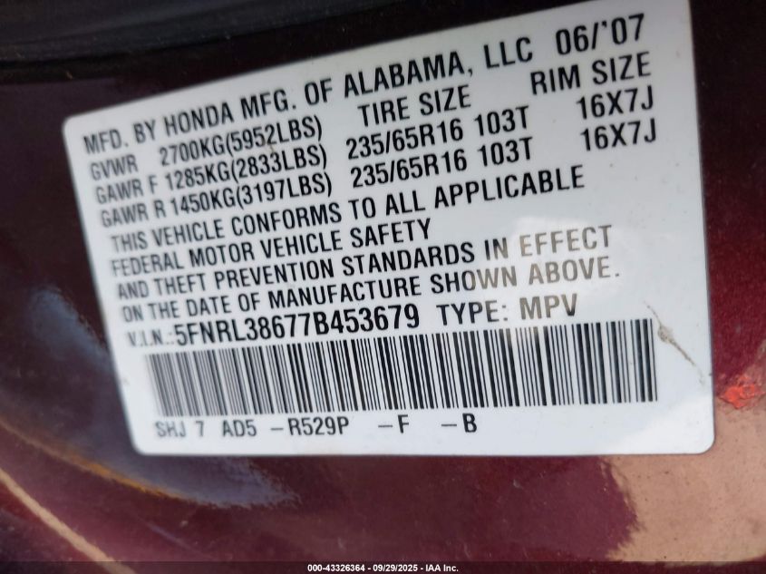 2007 Honda Odyssey Ex-L VIN: 5FNRL38677B453679 Lot: 43326364