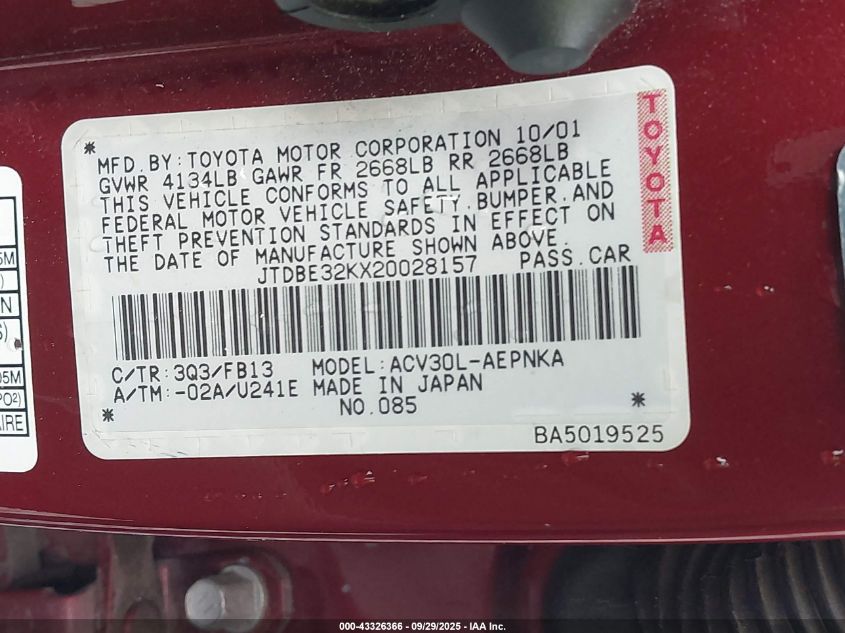 2002 Toyota Camry Le VIN: JTDBE32KX20028157 Lot: 43326366