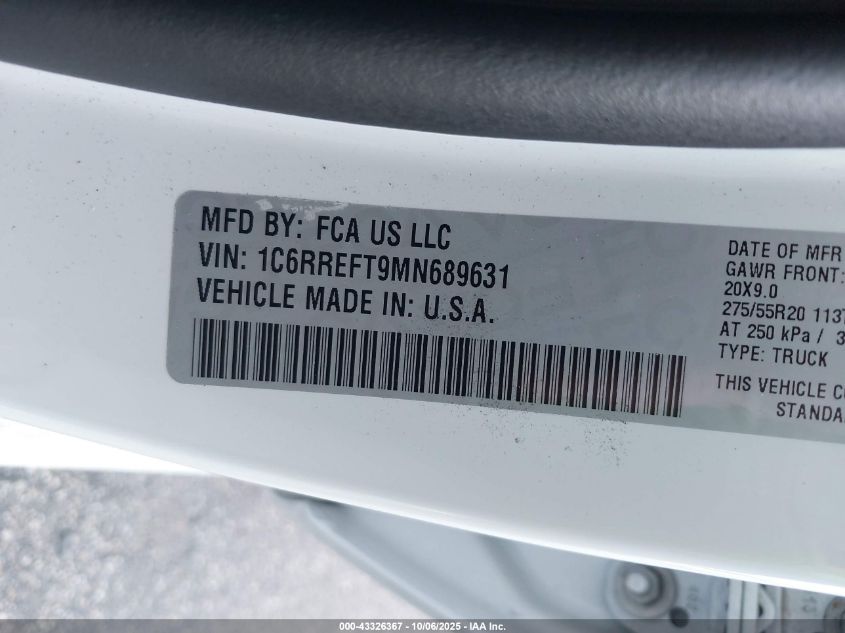 2021 Ram 1500 Big Horn 4X2 5'7 Box VIN: 1C6RREFT9MN689631 Lot: 43326367