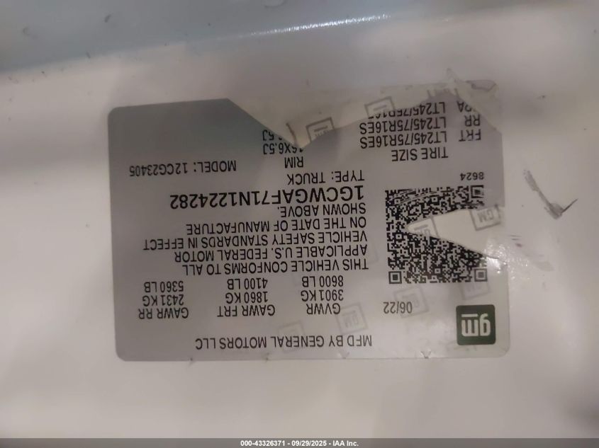 2022 Chevrolet Express Cargo Rwd 2500 Regular Wheelbase Wt VIN: 1GCWGAF71N1224282 Lot: 43326371
