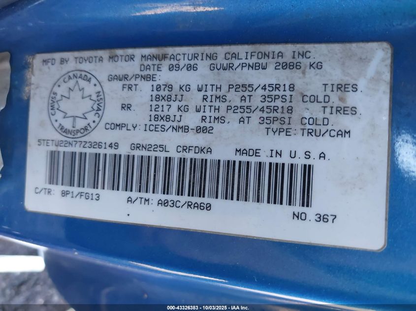 2007 Toyota Tacoma X-Runner VIN: 5TETU22N77Z326149 Lot: 43326383