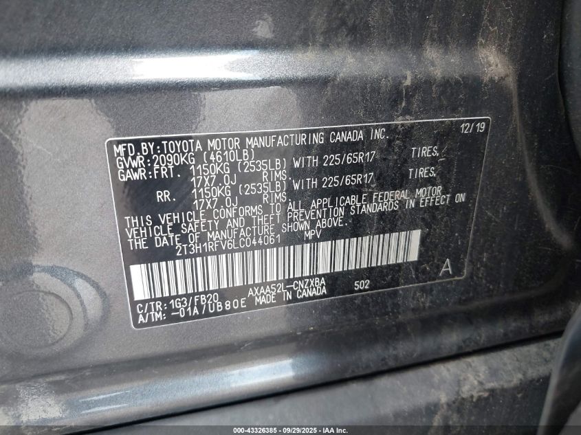 2020 Toyota Rav4 Le VIN: 2T3H1RFV6LC044061 Lot: 43326385