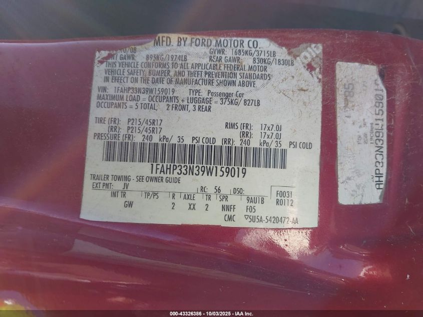 2009 Ford Focus Ses VIN: 1FAHP33N39W159019 Lot: 43326386