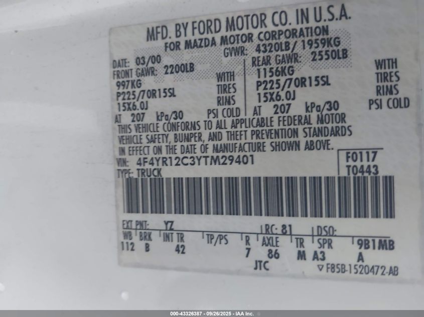 2000 Mazda B2500 Se/Sx VIN: 4F4YR12C3YTM29401 Lot: 43326387