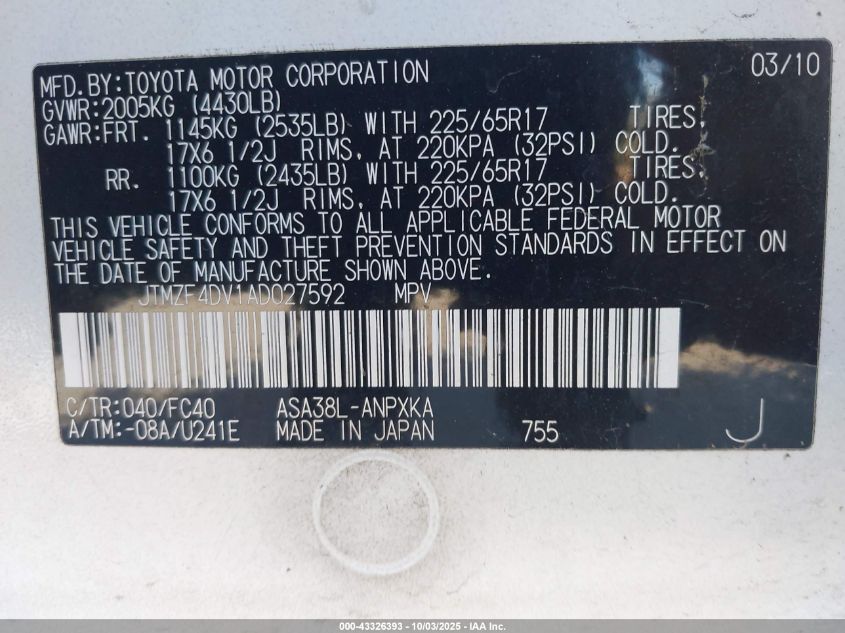 2010 Toyota Rav4 VIN: JTMZF4DV1AD027592 Lot: 43326393