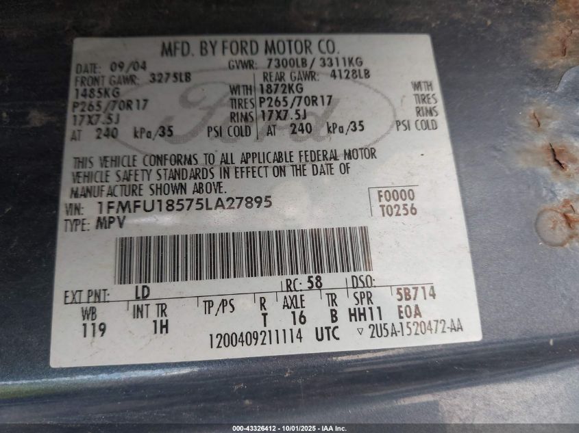 2005 Ford Expedition Eddie Bauer/King Ranch VIN: 1FMFU18575LA27895 Lot: 43326412