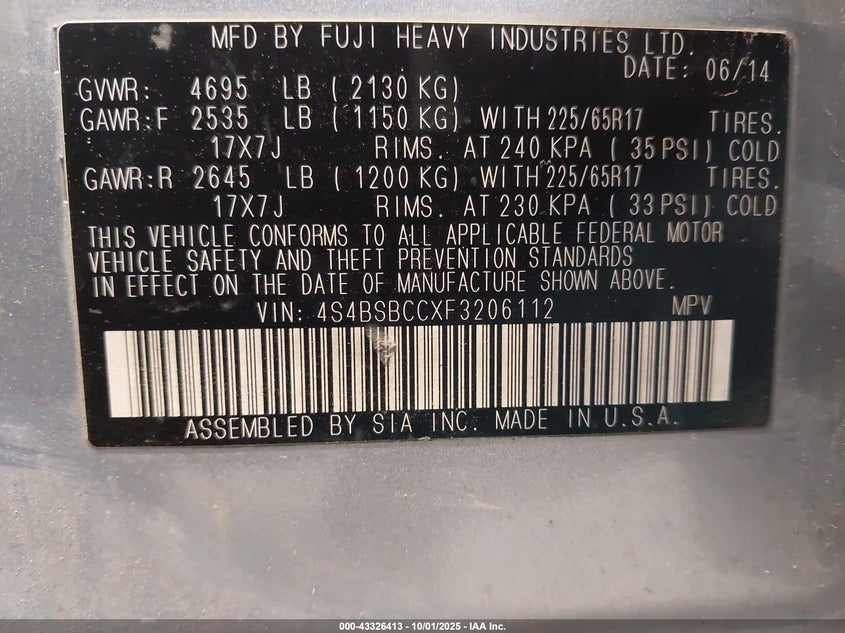 2015 SUBARU OUTBACK 2.5I PREMIUM - 4S4BSBCCXF3206112