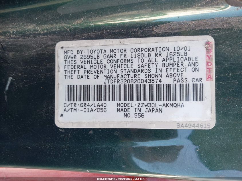 2002 Toyota Mr2 Spyder VIN: JTDFR320820043874 Lot: 43326416