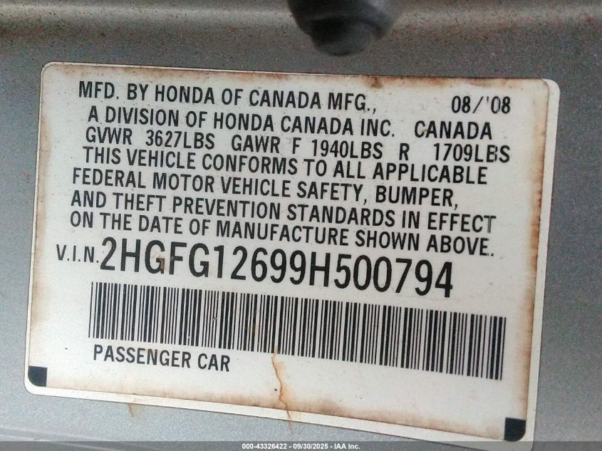 2009 Honda Civic Lx VIN: 2HGFG12699H500794 Lot: 43326422